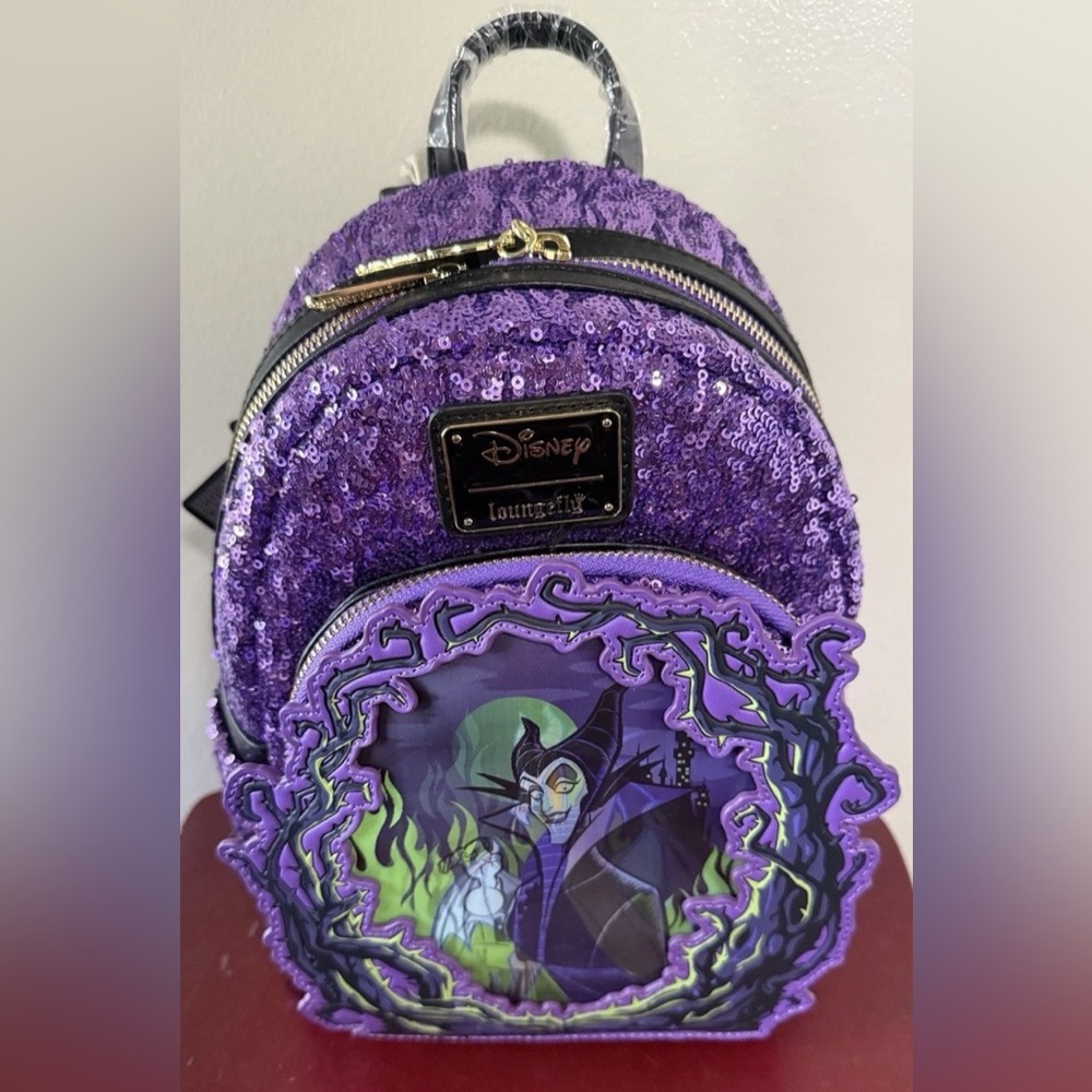 Loungefly Sleeping Beauty Maleficent Purple Sequin Backpack UK Exclusive. NWT - Picture 1 of 6